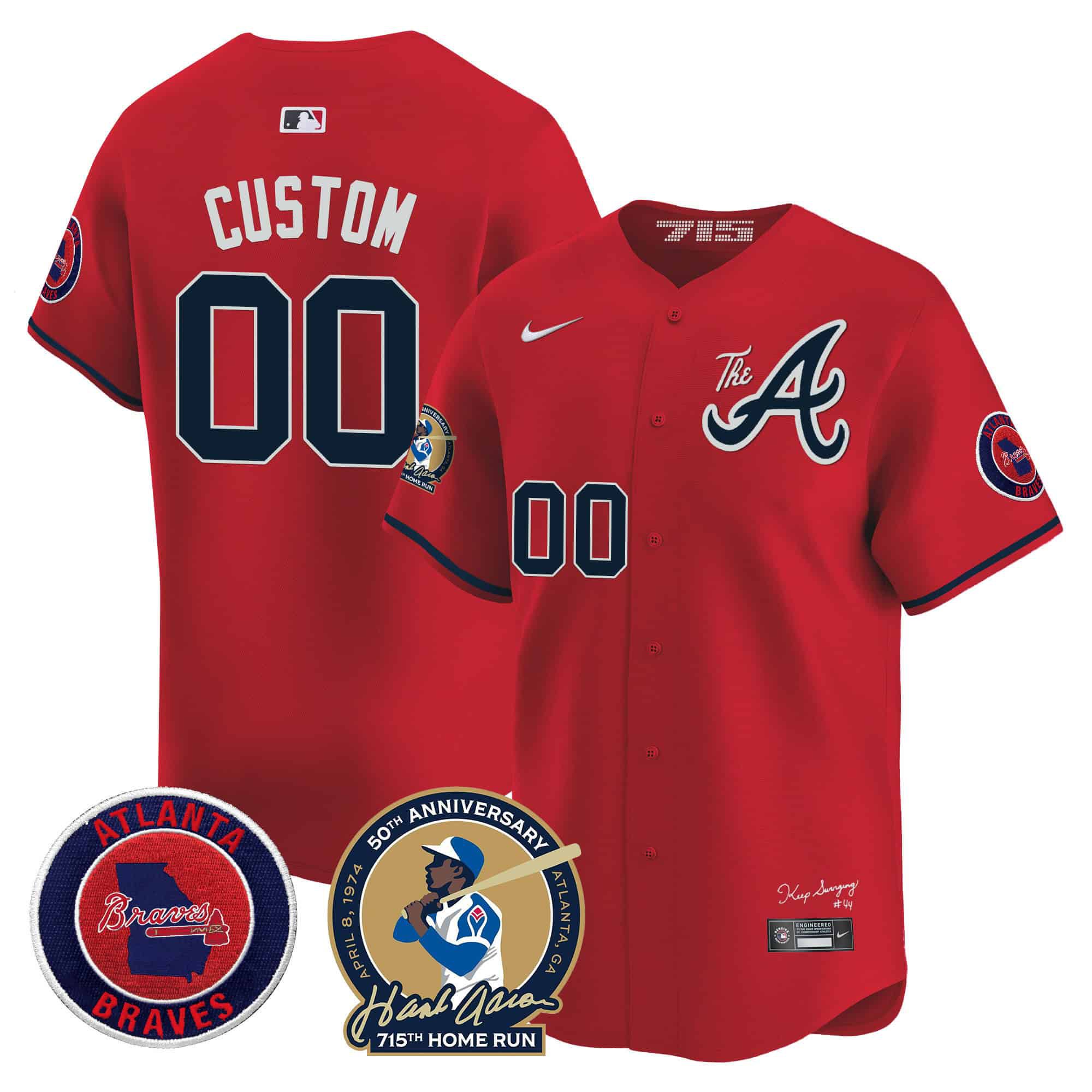 Men Atlanta Braves Red 2024 Nike Hank Aaron 715th Home Run Patch Vapor Premier Limited Custom MLB Jersey style 1